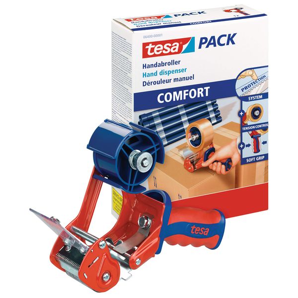 tesa Hand Dispenser COMFORT - Robust Handheld Packaging Tape Dispenser for Packing Tape up to 50 mm Width