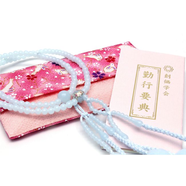 Japan-Made Sansei School Mala Beads New Party Gift, Work, 3-Piece Set, Women's/Mala Beads, Pink (Pink with Rabbit, Light Blue Cherry Blossom Pattern)