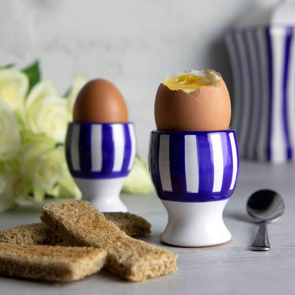 City to Cottage Ceramic Egg Cup Holder Set of 2, Soft Boiled Egg Cups, Hard Boiled Eggs Stand Holders, Breakfast Cooking Kitchen Egg Serving Cup, Handcrafted Egg Cups (Navy Blue Stripe Coastal)