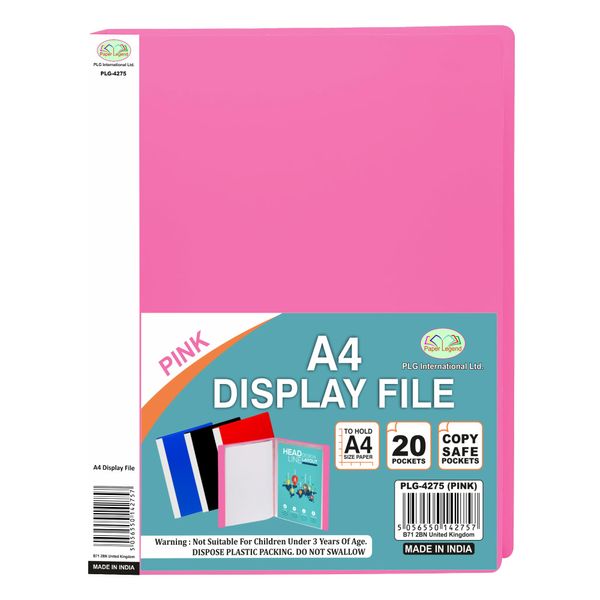 1 x A4 Display Book 20 Pocket | Presentation Folder | Home and Office Use (Pink)