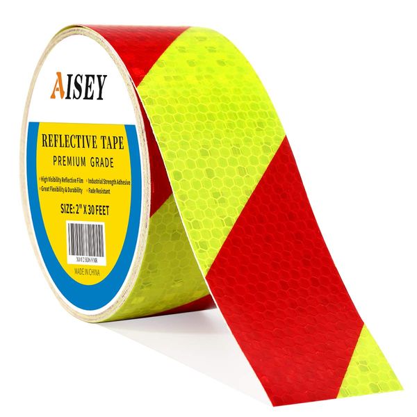 AISEY Reflective Tape Conspicuity Waterproof Yellow/Red Safety Caution Strips Tape Outdoor, Reflector Hazard Tape Stickers, Trailer Reflectors 2” X 30ft