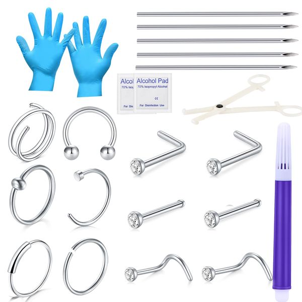 JIESIBAO 22PCS Nose Piercing Kit, Piercing Needles with 18G 20G CZ Nose Screw Studs Double Nose Rings Hoop Captive Nose Rings Stainless Steel Jewelry for Nose Septum Piercing Needles Kit