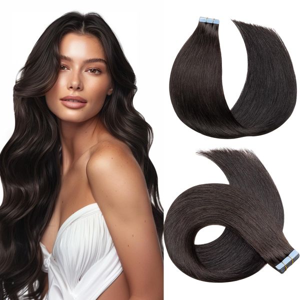 HEHUA Tape in Hair Extensions Human Hair, 1B Natural Black, Tape Hair Extensions, 24 inches 100g 40pcs Straight Seamless Skin Weft, Invisible Tape in Extensions Thick Ends Real Remy Hair Extensions