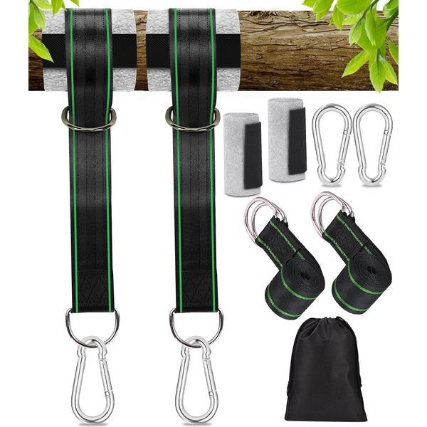 2er-Set Schaukel Befestigung Baum und Hängematte Befestigung 200cm x 5cm Hält 900KG, für Hängesessel Schaukelaufhängung, Inklusive 2 Karabinern, D-Ringen, mit Baumschutz Polster, Aufbewahrungstasche