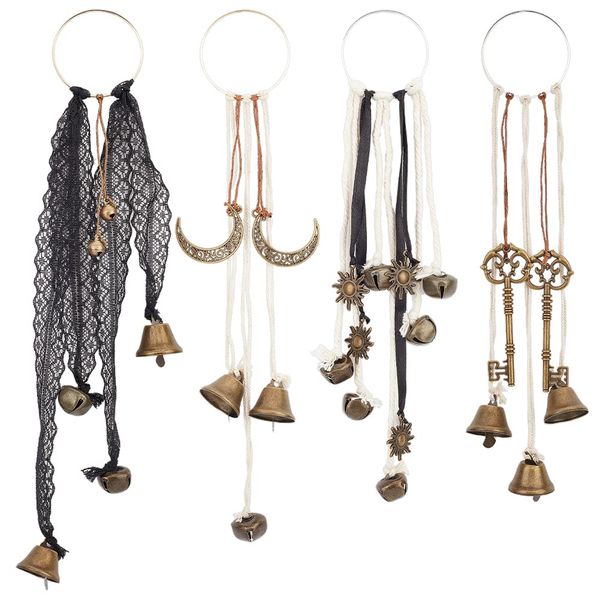 OLYCRAFT 4pcs 4 Styles Witch Bells Door Knob Hanger Wind Chimes Witch Bell Door Hanger Moon Key Sun Pattern Witch Bells Protection Witchcraft with Wooden Ring for Patio Garden Door Home Decorations