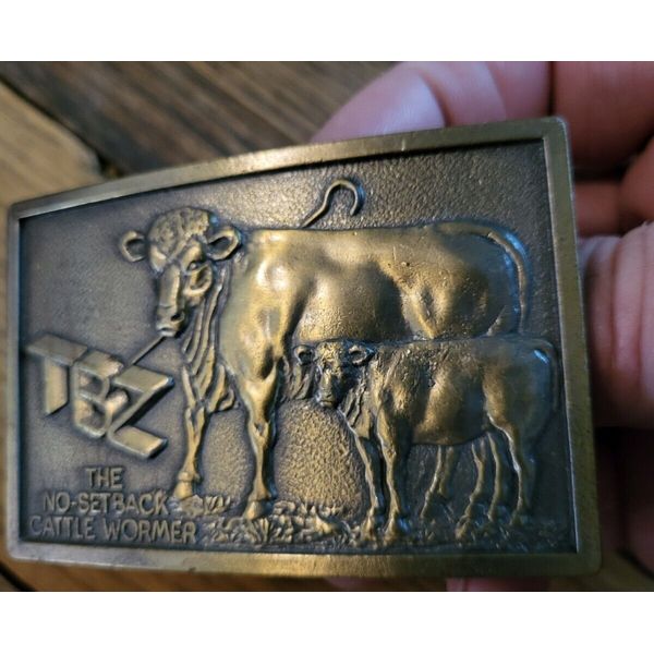 80's Brass Belt Buckle Limited Edition TBZ Cattle Wormer Merck Animal Health...