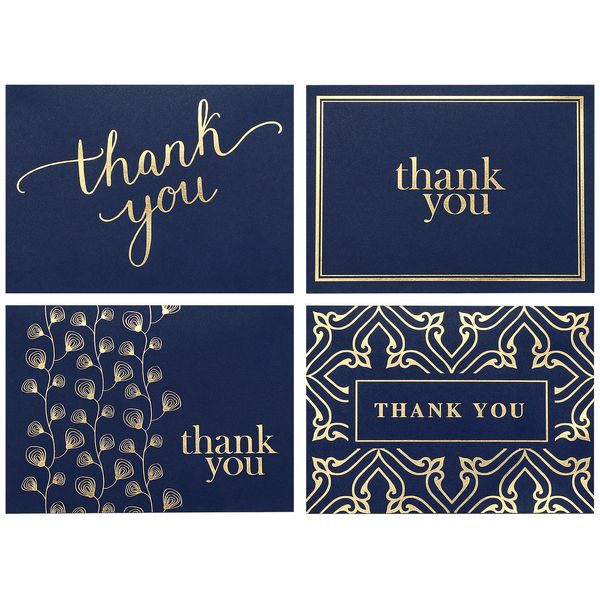 100 Thank You Cards Bulk, Thank You Notes, Navy Blue Gold Professional Blank Note Cards with Envelopes, Small Business, Wedding, Gift Cards, Christmas, Graduation, Baby Shower, Funeral, 4x6 Photo Size