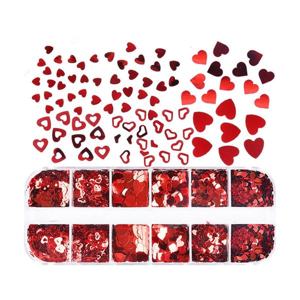 Heart Glitter para Uñas,1Box 12 Grids Valentines Day Red 3D Heart Nail Art Glitter Bling Gloss Designs Acrylic Nail Decorations Valentines DIY Manicure Supplies