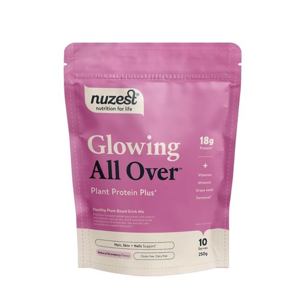 Nuzest Protein Plus | Glowing All Over | Strawberry | Support of Healthy Hair, Skin, Nails and Collagen Production | Vitamins and Minerals | 250g (10 Servings)