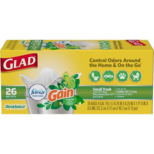 Glad OdorShield Small Trash Bags, Gain Original & Febreze, 4 Gal, 26 Ct (Package May Vary)