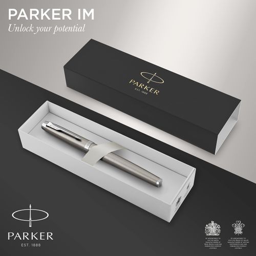 PARKER IM Fountain Pen | Stainless Steel with Chrome Trim | Fine Point with Blue Ink Cartridge | Gift Box