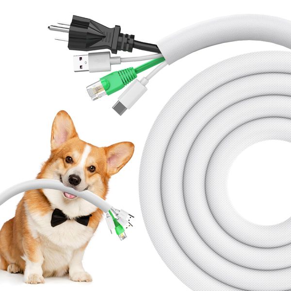 REFLYING Dog and Cat Cord Protector 3 Meters-12.7mm, Cable Tidy Sleeve, Protect Wires from Pets Chewing, Expandable Braided Cable Management Sleeve, Cable Wrap Cord Protector, White