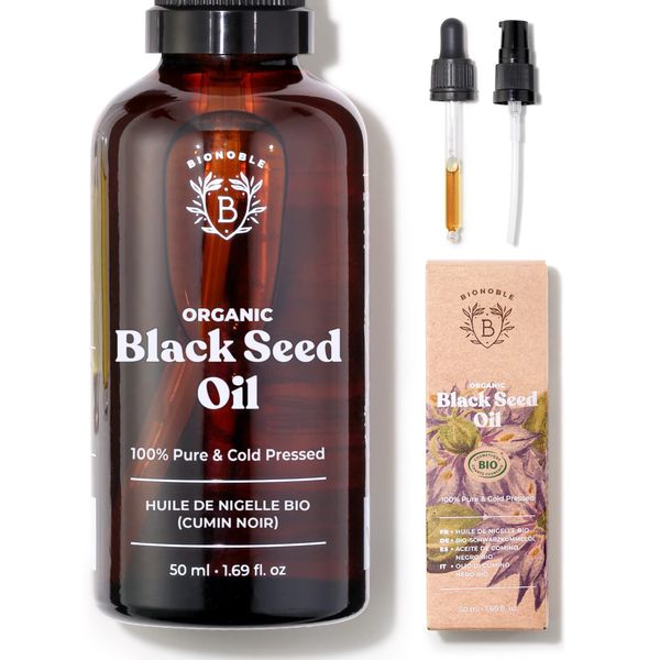 Bionoble Pure Organic Black Seed Oil, Cold Pressed 50ml - Glass bottle + Pipette + Pump - Black Cumin Seed Oil for Hair Growth - Anti-Acne and Purifying Skin Care - Nigella Sativa Oil