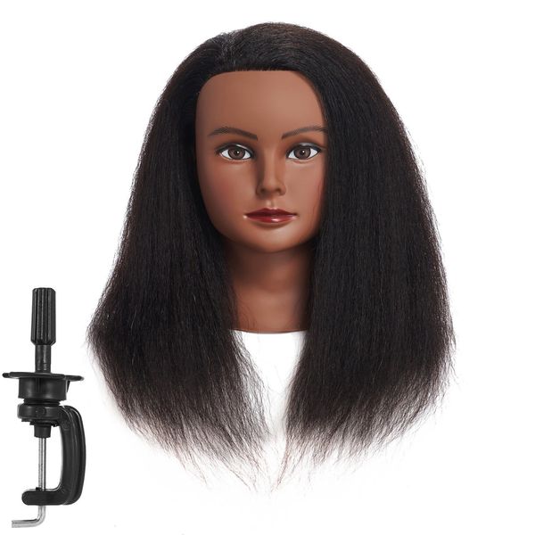 Traininghead 100% Real Hair Mannequin Head Training Head Cosmetology Manikin Practice Head Doll Head With Free Clamp Female (14 inches) (B)