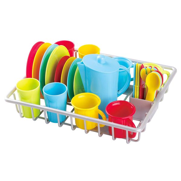 Play My Dish Drainer Kids Pretend Play Dishes Children's Kitchen Playset 30 Pieces Wash and Dry Tableware Dish Rack with Drainer Fun and Colorful BPA Free and Dishwasher - 10.75 x 8.75 x 1.75 inches