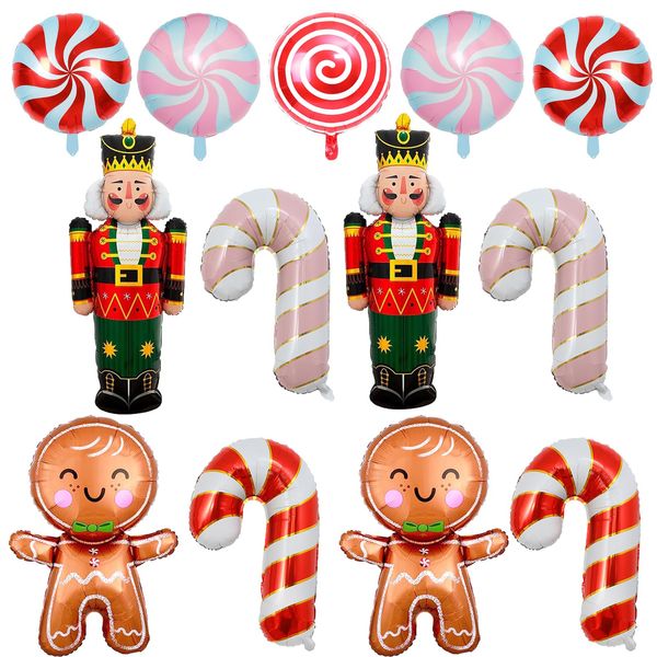 14Pcs Christmas Balloons Gingerbread Balloons Christmas Nutcracker Soldier Balloons Candy Cane Foil Balloons Lollipop Balloons for Christmas Holiday Xmas New Year Birthday Party Decorations Supplies