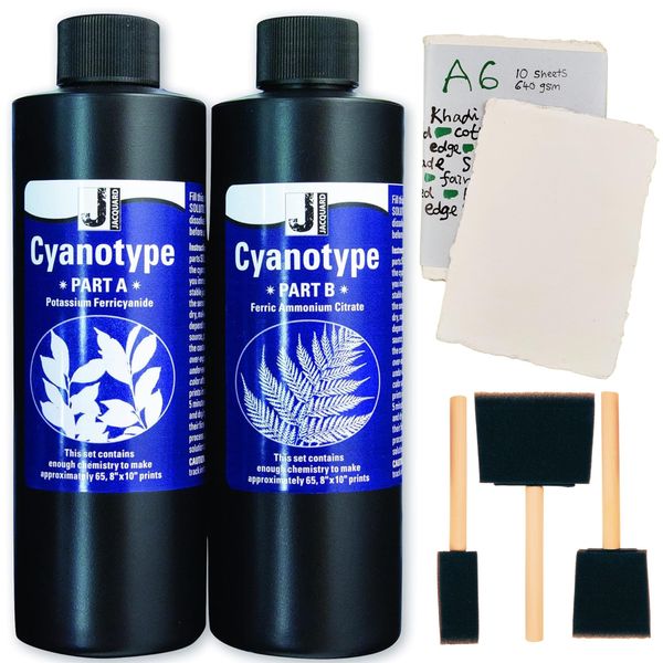 Cyanotype Kit for Sun Print Paper, Bundled w/ 10 Sheets of 640gsm Handmade Artist's Paper, Foam Brushes & Tips Sheet - Make Your Own Light Sensitive Paper, Sunography, Solar Prints - Creative Crafters