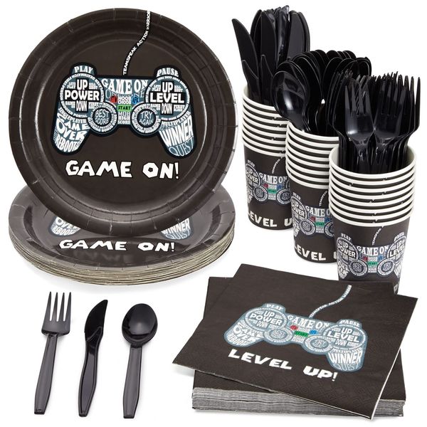 144 Pack Video Game Party Supplies with Plates, Napkins, Cups, Cultery for Gamer Birthday Decorations for Boys (Serves 24)