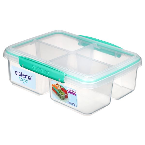 Sistema 1007708 To Go Quad Split Food Storage Container, Clear with Coloured Clips, 1.7 L