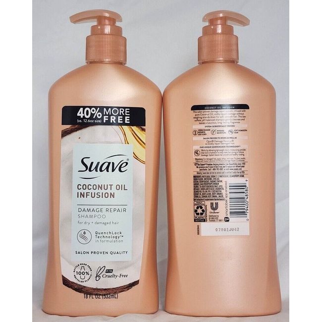 (2 Ct) SUAVE COCONUT OIL INFUSION DAMAGE REPAIR Shampoo  w/pump tops 18 oz each