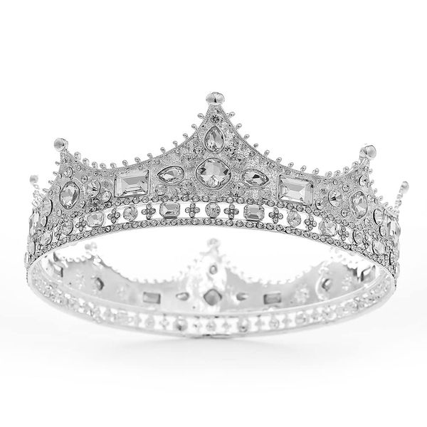 Crystal King Wedding Tiara Vintage Rhinestone Crown Hair Bands For Halloween Birthday Pageant Hair Accessories (Silver)