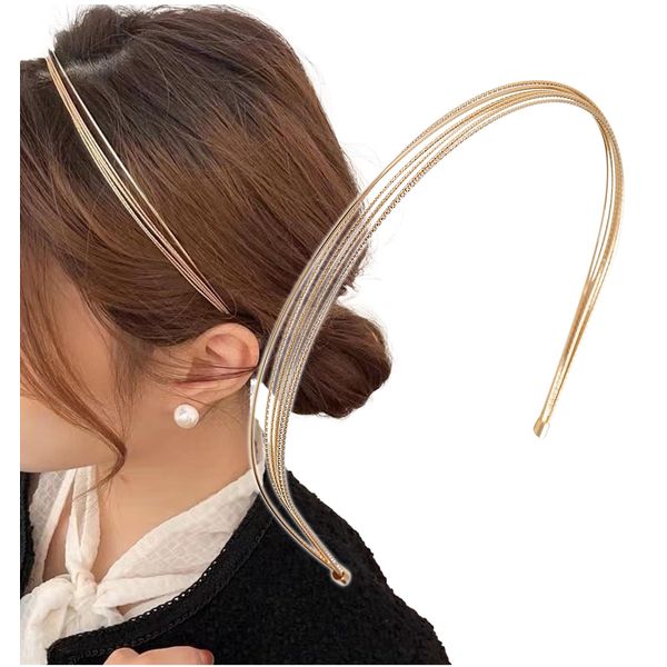 Herbeluemily Headband with Waves, Slim, Gold, Simple, Gold, 6 Rows