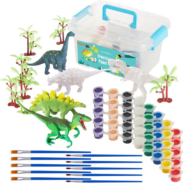 THE TWIDDLERS - 3D Dinosaur DIY Craft Kit with 5 Dinosaur Figurines, Complete Set Including 5 Paint Sets, 5 Brushes, and 5 Tree Accessories, Kids Gift Set Activity