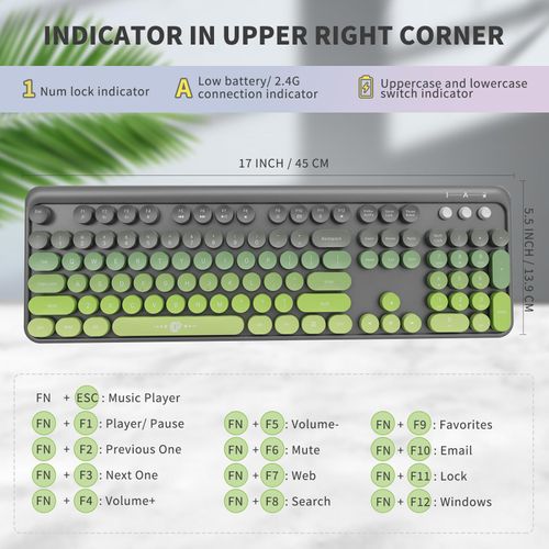 Wireless Keyboard and Mouse Combo - Cute Colorful Keyboard and Mouse, Full-Size Retro Typewriter Keyboard with 2.4GHz Plug & Play, for Windows 11/10/7, Laptop, PC (Green)