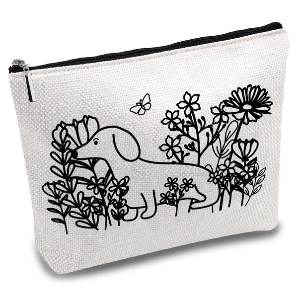 CREATCABIN Make Up Tasche Mit Hundemotiv Blumen Kosmetiktasche Segeltuch Mehrzweck Stifteetui Mit Reißverschluss Kulturbeutel Reisetasche Geldbörse Beutel Tragbares Survival Kit Für Frauen 25x18cm