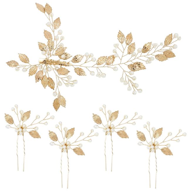 inSowni 5 Pack Gold Pearl Leaf Hair Pins Wedding Bridal Leaves Hair Clips Barrettes Bobby Pins Bride Bridesmaids Prom Formal Headpieces Bun Updo Hair Accessories for Women Girls