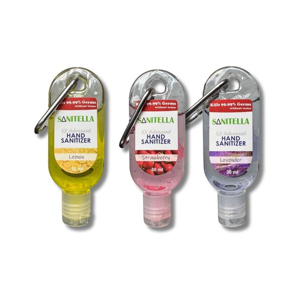 Anti-Bacterial Hand Sanitizer Gel 2x Advanced Refreshing Flavors Travel Hand Sanitizer Kills 99.99% Germs Quick-Dry Gel with clip Bottle 30ml (PACK of 3) (Lemon - Strawberry - Lavender)