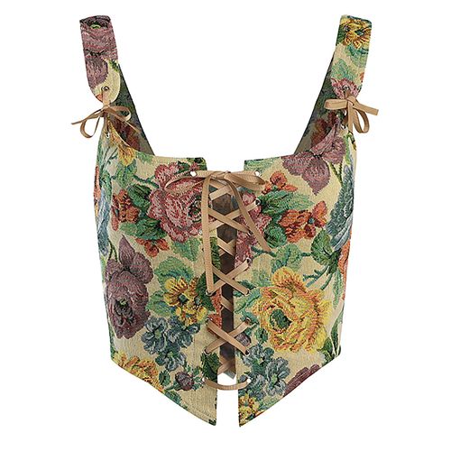 Dreay Womens Vintage Floral Print Grommet Lace Up Tie Front Corset Bustier Shapewear Top 21216-Cream-S