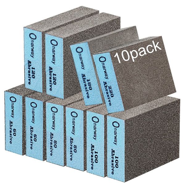 Onarway Sanding Sponges 10 Pack Wet and Dry Dual-use, Coarse and Fine Sanding Blocks - 60/80/100/120/180/220 Grits 6 Different Specifications, Washable and Reusable, Ideal for Wood Metal Polishing