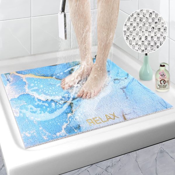 Square Shower Mat Non Slip Anti Mould, 60 x 60 cm Loofah Shower Mats for Inside Shower, Soft Comfort PVC Bath Mat Bathroom Mat with Drain, Washable Bathtub Mat Massage Mat for Shower Stall, Bathroom