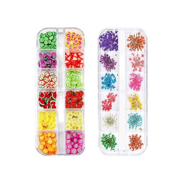 Sinen 1 Box Dried Flowers and 1 Box Fruit Slices for Nail Art, 3D Dry Flowers Nail Stickers ,Colorful Natural Real Flower Nail Decals, Fruit Fimo Slices Charms Nail Art Supplies Slime Accessories for