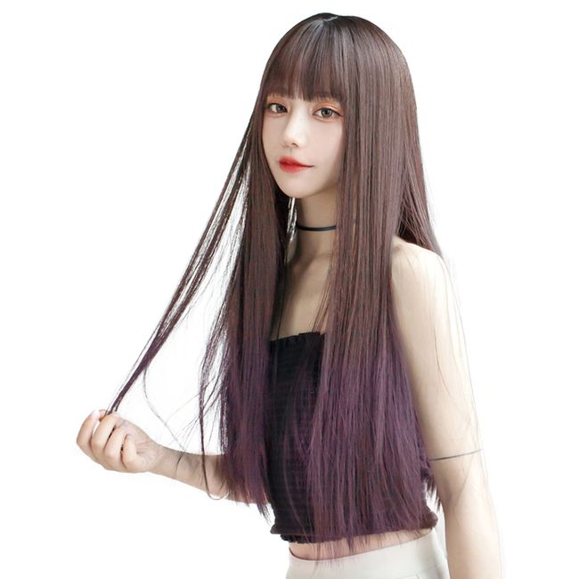 Long Straight Wig, Full Wig, Natural Cosplay, Small Face, Popular, Heat Resistant Wig, Harajuku Style, Fashion, Net/Comb Included (Black & Pink Beige Mix)