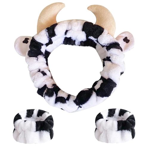 AHONEY Cow Print Headband Skincare Headbands and Wristbands, Cute Spa Wrist Band Fluffy Hand Cuffs Women Girls Kids Facial Makeup Accessories Costume Party Supply Birthday Gift