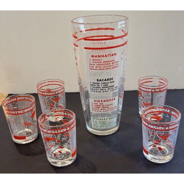 VTG MCM Glass Barware To Your Health Drink Recipe Cocktail Shaker 5 Shot Glasses