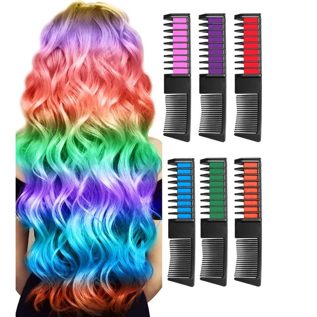 Hair Chalk Comb, Hair Chalk Dye Combs, 6 Colors Temporary Hair Color Chalk Comb Set, Washable Hair Chalk Pens for Girls Kids Gifts Idea Halloween Set