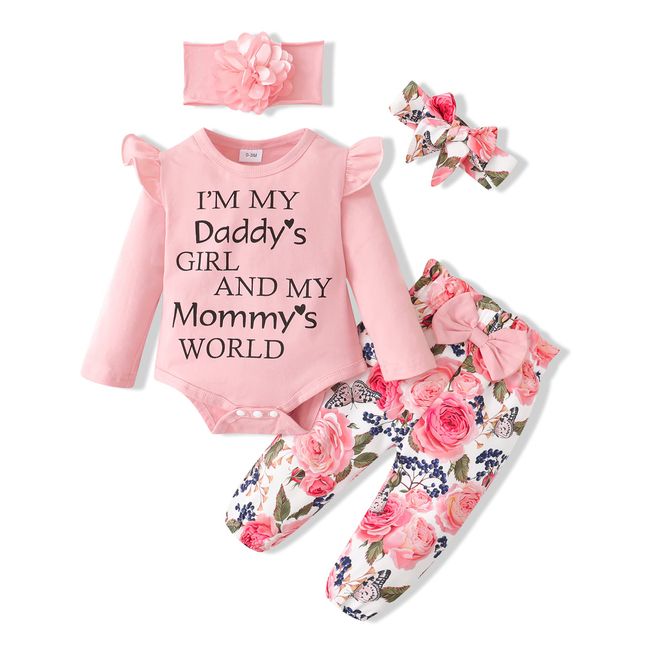 SUNNY PIGGY Baby Girl Clothes Newborn Outfit Infant Winter Fall Letter Print Flower Pants Set Long Sleeve Romper Baby Girl's Clothing with Headband 3-6 Months Pink 4PCS