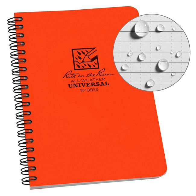 Rite in the Rain Weatherproof Side Spiral Notebook, 4.625" x 7", Orange Cover, Universal Pattern (No. OR73)