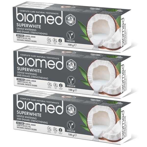 Biomed Superwhite 97% Natural Whitening Toothpaste | Enamel Strengthening | Coconut Flavour, Vegan, SLES Free 100g (Pack of 3)