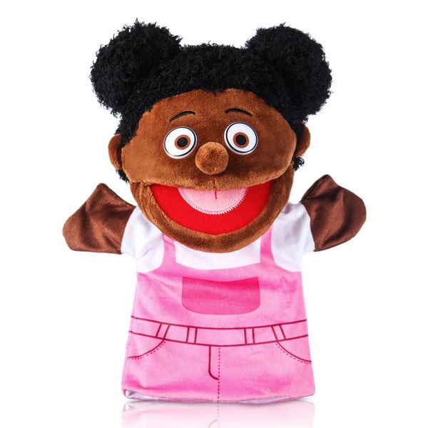 1 Pcs Family Hand Puppets 13 Inch Grandparents, Mom & Dad, Brother & Sister Plush Hand Puppet Toys Role-Play Toy Puppets for Kids Storytelling Imaginative Pretend Play Teaching Preschool(Black Sister)