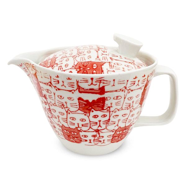 J-kitchens L/174787 Tea Pot with Tea Strainer, 13.2 fl oz (385 ml), For 2 People ~ 3 People, Hasami Ware Made in Japan, Cats (Cat, Cat Pattern), Red