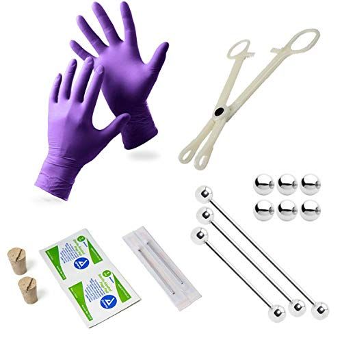 BodyJewelryOnline 17-Piece Industrial Piercing Kit - 3 Barbells, Corks, Needles, Gloves, Forceps, Replacement Balls + Wipes