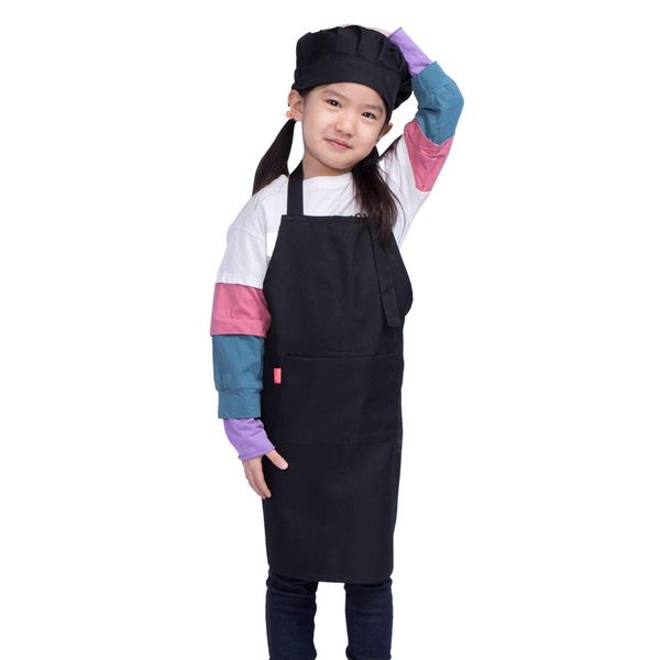 ALIPOBO Kids Apron and Chef Hat Set, Children's Adjustable Bib Apron with 2 Pockets. Cute Boys Girls Kitchen Apron for Cooking, Baking, Painting, Training Wear (2-5 Year, Black)