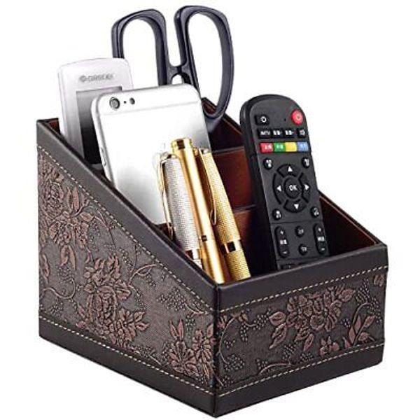 PU Leather TV Remote Control Holder with 3 Brown (Retro)