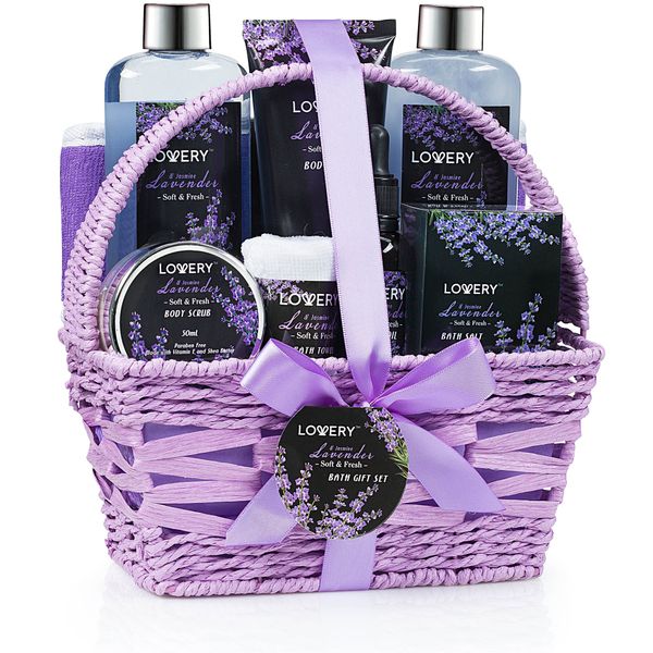 Spa Gift Basket, Luxury 9pc Bath & Body Set For Women & Men, Lavender & Jasmine Scent With Shower Gel, Bubble Bath, Lotion, Bath Salt, Body Scrub, Massage Oil, Loofah & Basket