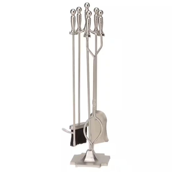 Satin Pewter Finish Steel 5-Piece Fireplace Tool Set W/Heavy Weight Construction