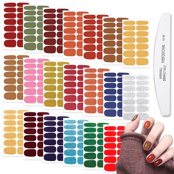 WOKOTO 20 Sheets Nail Polish Strips with Nail File Set Glitter Solid and Simple Solid Nail Polish Wraps Nail Stickers Full Nail Wraps for Women Nails Art Self Adhesive Decals Gel Nail Strips Wraps